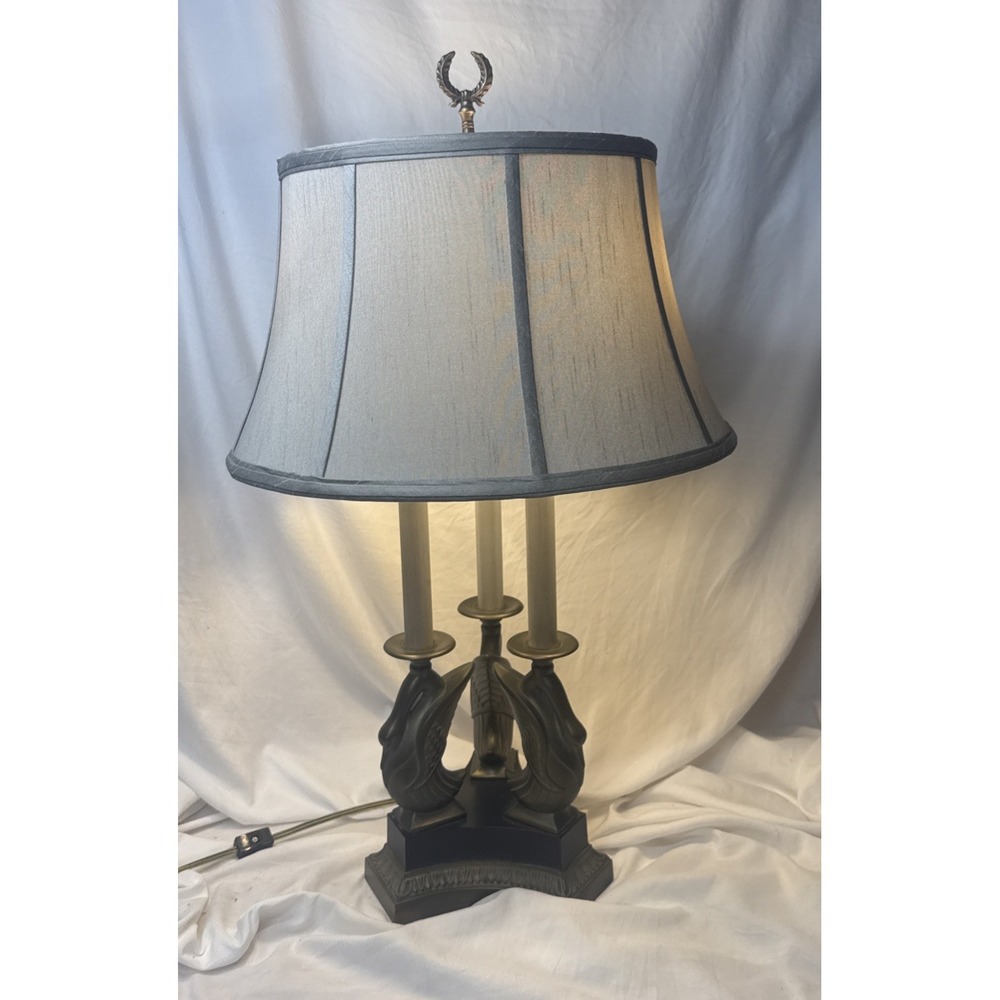 Vintage Ethan Allen Bouillotte Brass 3 Swans Table Lamp linen Drum Shade MCM